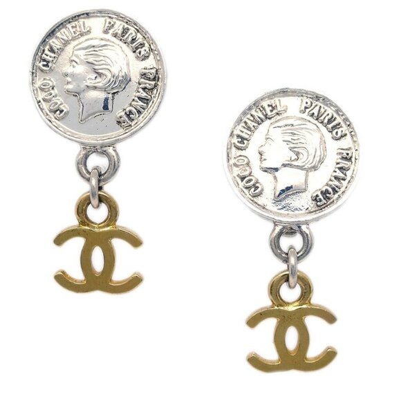 Chanel Medallion Dangle Earrings Gold Silver Clip-On - Picture 1 of 4